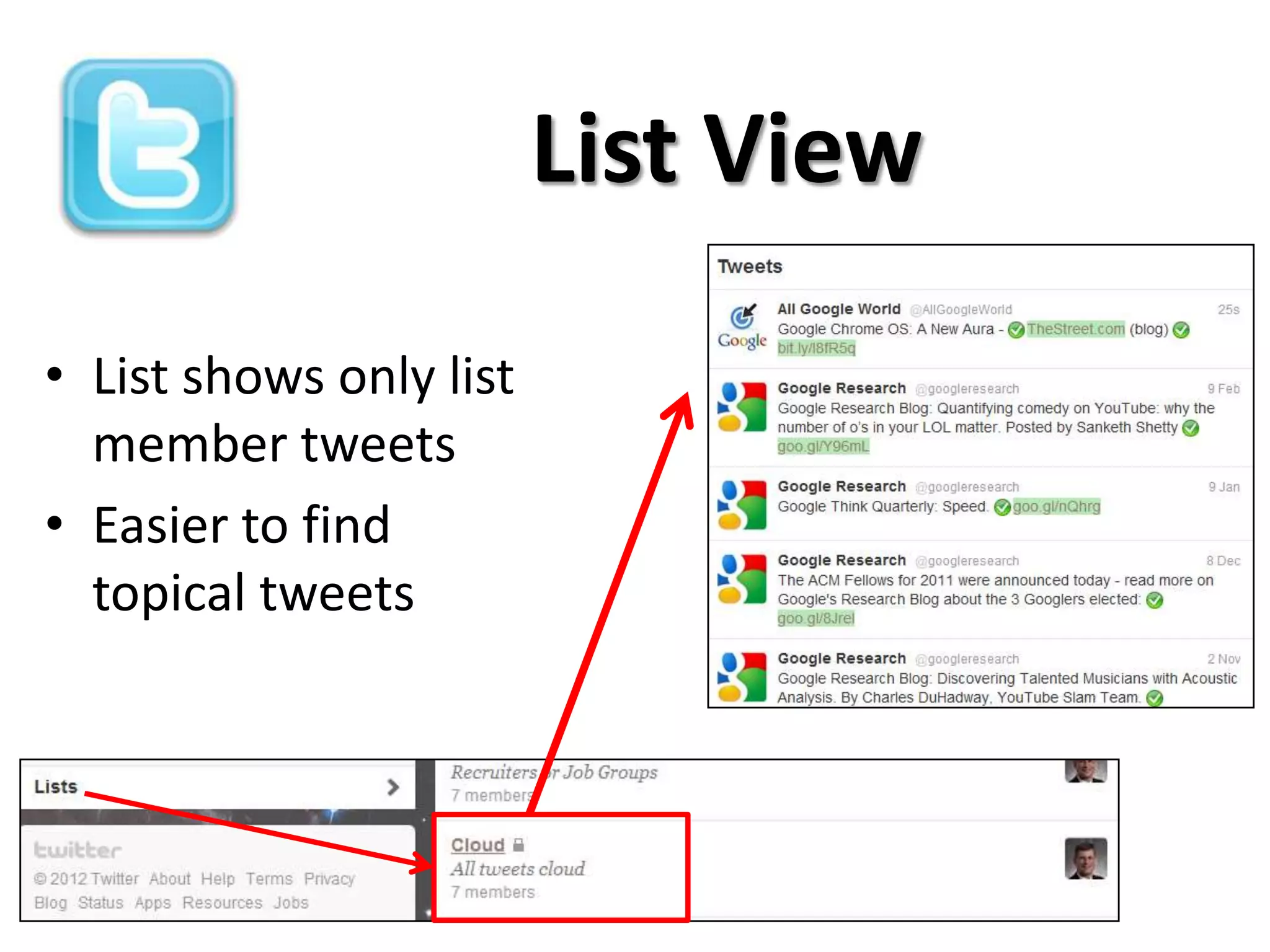 List View

• List shows only list
  member tweets
• Easier to find
  topical tweets
 