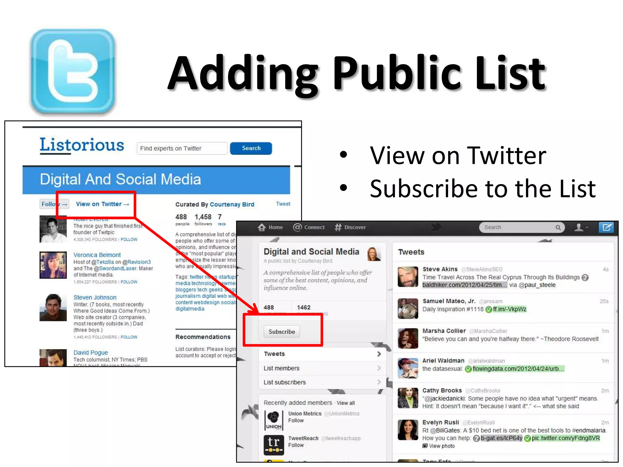 Adding Public List
        • View on Twitter
        • Subscribe to the List
 