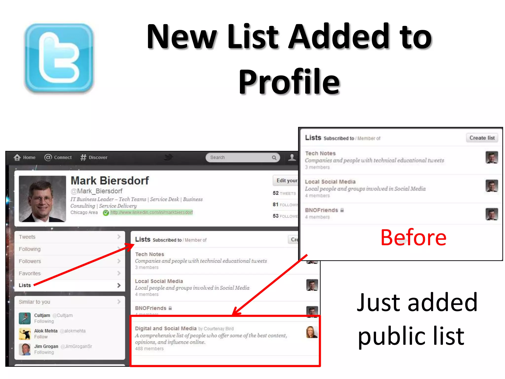 New List Added to
     Profile


              Before

            Just added
            public list
 