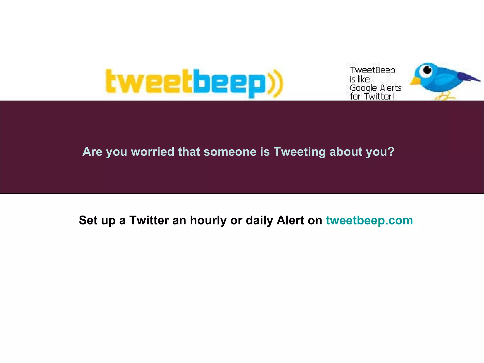 Set up a Twitter an hourly or daily Alert on  tweetbeep . com Are you worried that someone is Tweeting about you? 