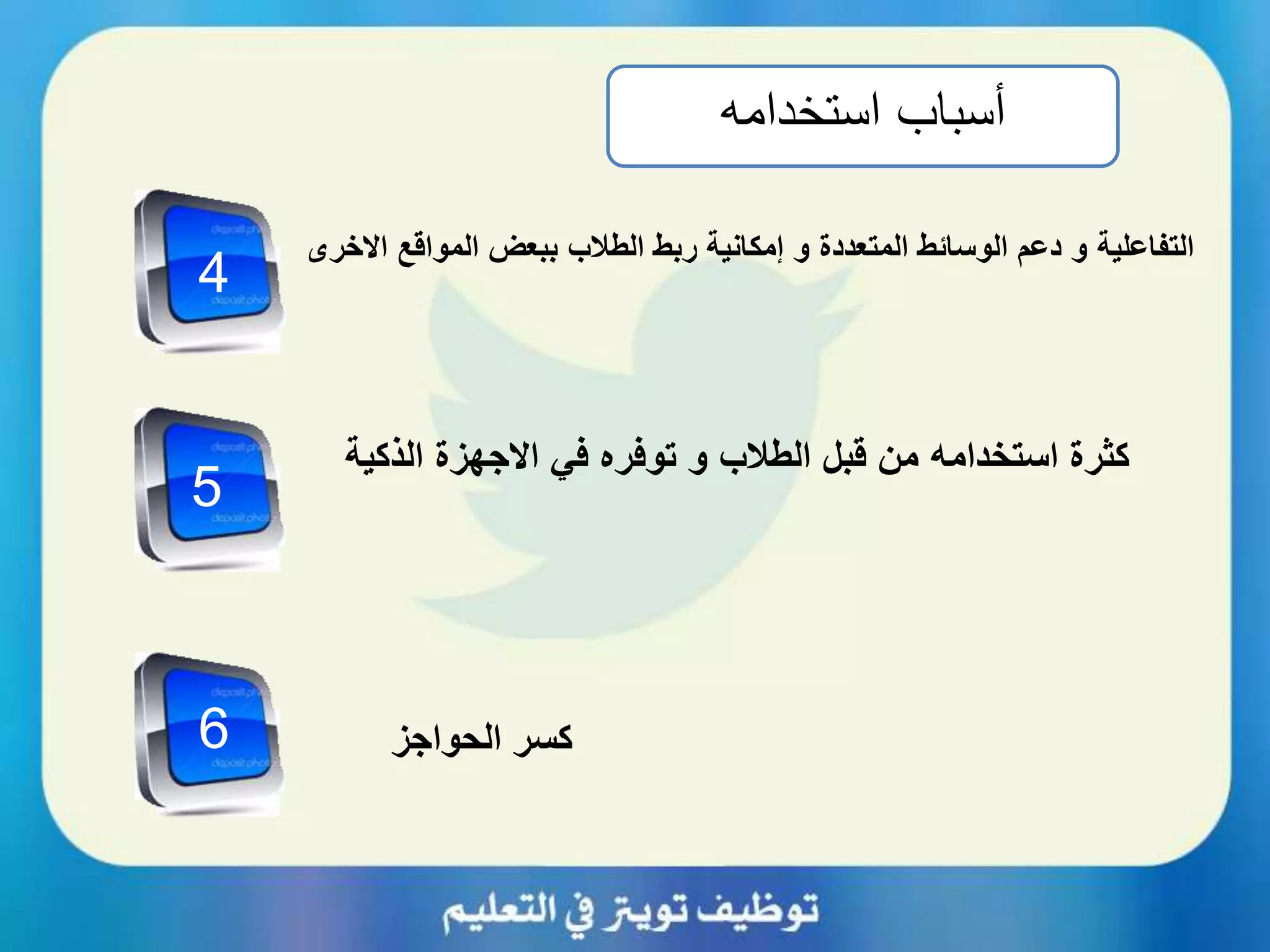 ‫أ‬‫استخدامه‬ ‫سباب‬
‫كسر‬‫الحواجز‬
‫التفاعلية‬‫االخرى‬ ‫المواقع‬ ‫ببعض‬ ‫الطالب‬ ‫ربط‬ ‫إمكانية‬ ‫و‬ ‫المتعددة‬ ‫الوسائط‬ ‫دعم‬ ‫و‬
‫قبل‬ ‫من‬ ‫استخدامه‬ ‫كثرة‬‫و‬ ‫الطالب‬‫الذكية‬ ‫االجهزة‬ ‫في‬ ‫توفره‬
4
5
6
 