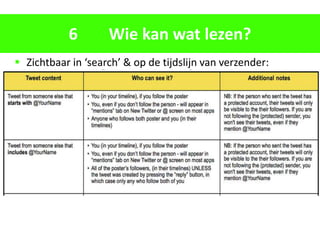6        Wie kan wat lezen?
 Zichtbaar in ‘search’ & op de tijdslijn van verzender:
 