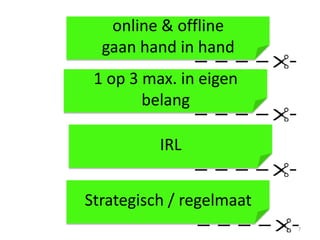 online & offline
  gaan hand in hand
 1 op 3 max. in eigen
        belang

          IRL


Strategisch / regelmaat
                          7
 