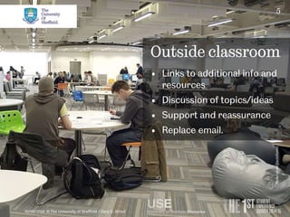 5 
Outside classroom 
• Links to additional info and 
resources 
• Discussion of topics/ideas 
• Support and reassurance 
• Replace email. 
10/09/2014 © The University of Sheffield / Gary C. Wood 
flickr.com/jiscinfonet 
 