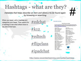 Hashtags - what are they?
#edchat
#k12
#edtech
#flipclass
#ipadchat
#
http://www.novemberlearning.com/twitterhashtags
metadata that helps describe an item and allows it to be found again
by browsing or searching
When you tweet, add a hashtag and
categorize your tweet. Then search for
a hashtag to see what others have to
say about that topic.
 