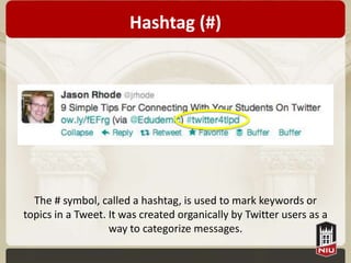 Hashtag (#)




  The # symbol, called a hashtag, is used to mark keywords or
topics in a Tweet. It was created organically by Twitter users as a
                   way to categorize messages.
 