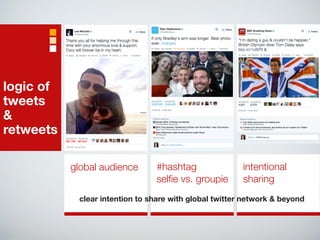 global audience #hashtag 
selfie vs. groupie 
intentional 
sharing 
clear intention to share with global twitter network & beyond 
logic of 
tweets 
& 
retweets 
 