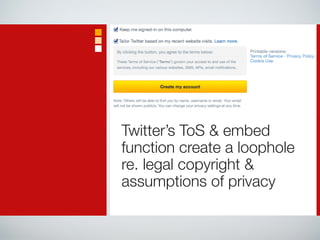 Twitter’s ToS & embed 
function create a loophole 
re. legal copyright & 
assumptions of privacy 
 
