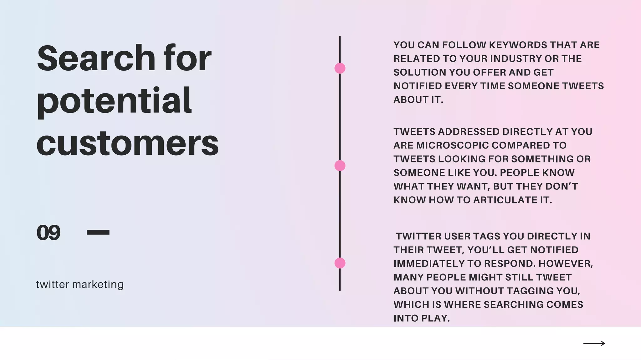Search for
potential
customers
09
twitter marketing
YOU CAN FOLLOW KEYWORDS THAT ARE
RELATED TO YOUR INDUSTRY OR THE
SOLUTION YOU OFFER AND GET
NOTIFIED EVERY TIME SOMEONE TWEETS
ABOUT IT.
TWEETS ADDRESSED DIRECTLY AT YOU
ARE MICROSCOPIC COMPARED TO
TWEETS LOOKING FOR SOMETHING OR
SOMEONE LIKE YOU. PEOPLE KNOW
WHAT THEY WANT, BUT THEY DON’T
KNOW HOW TO ARTICULATE IT.
TWITTER USER TAGS YOU DIRECTLY IN
THEIR TWEET, YOU’LL GET NOTIFIED
IMMEDIATELY TO RESPOND. HOWEVER,
MANY PEOPLE MIGHT STILL TWEET
ABOUT YOU WITHOUT TAGGING YOU,
WHICH IS WHERE SEARCHING COMES
INTO PLAY.
 