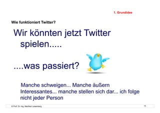 1. Grundidee


Wie funktioniert Twitter?


  Wir könnten jetzt Twitter
   spielen.....

  ....was passiert?
          Manche schweigen... Manche äußern
          Interessantes... manche stellen sich dar... ich folge
          nicht jeder Person
© Prof. Dr.-Ing. Manfred Leisenberg                               13
 