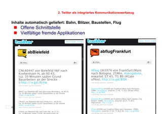 2. Twitter als integriertes Kommunikationswerkzeug


Inhalte automatisch geliefert: Bahn, Blitzer, Baustellen, Flug
    Offene Schnittstelle
    Vielfältige fremde Applikationen




© Prof. Dr.-Ing. Manfred Leisenberg                                                        23
 