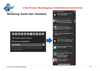 4. Best Practise: Microblogging in mittelständischen Unternehmen


Monitoring: Suche über Tweetdeck




© Prof. Dr.-Ing. Manfred Leisenberg                                                            32
 