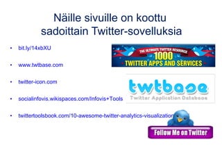 Näille sivuille on koottu
sadoittain Twitter-sovelluksia
• bit.ly/14xbXU
• www.twtbase.com
• twitter-icon.com
• socialinfo...