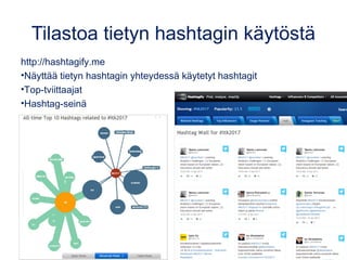 Tilastoa tietyn hashtagin käytöstä
http://hashtagify.me
•Näyttää tietyn hashtagin yhteydessä käytetyt hashtagit
•Top-tviit...