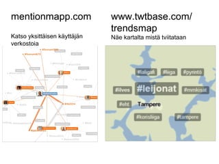 mentionmapp.com
Katso yksittäisen käyttäjän
verkostoja
www.twtbase.com/
trendsmap
Näe kartalta mistä tviitataan
 