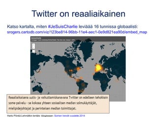 Twitter on reaaliaikainen
Katso kartalta, miten #JeSuisCharlie leviäää 16 tunnissa globaalisti:
srogers.cartodb.com/viz/12...