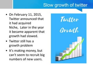 Slow growth of twitter
• On February 11, 2015,
Twitter announced that
it had acquired
Niche, Later in the year
it became apparent that
growth had slowed.
• Twitter still has a
growth problem
• It's making money, but
can't seem to recruit big
numbers of new users.
 