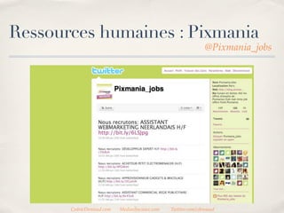 Ressources humaines : Pixmania
                                                              @Pixmania_jobs




       CedricDeniaud.com   MediasSociaux.com   Twitter.com/cdeniaud
 