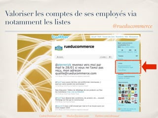 Valoriser les comptes de ses employés via
notamment les listes             @rueducommerce




          CedricDeniaud.com   MediasSociaux.com   Twitter.com/cdeniaud
 