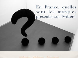 En France, quelles
                        sont les marques
                        présentes sur Twitter ?




CedricDeniaud.com   MediasSociaux.com   Twitter.com/cdeniaud
 