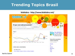 Trending Topics Brasil
                 blablabra - http://www.blablabra.net/




Martha Gabriel                                           86
 
