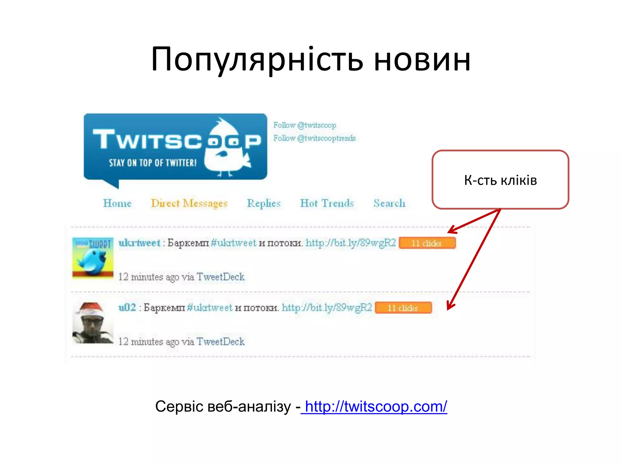 Популярність новин


                                             К-сть кліків




Сервіс веб-аналізу - http://twitscoop.com/
 