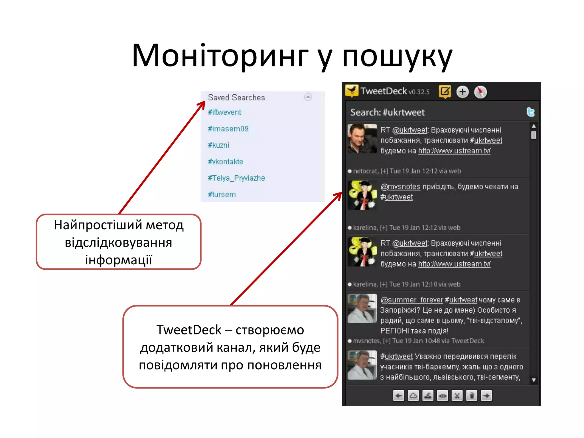 Моніторинг у пошуку



Найпростіший метод
 відслідковування
    інформації



             TweetDeck – створюємо
           додатковий канал, який буде
           повідомляти про поновлення
 