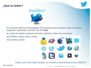 ¿Qué es twitter?

■ La primera idea de microblogging (140 caracteres para expresar ideas, accciones,
preguntas, respuestas, eventos, etc)  Tweet
■ La idea de twittear: expresar acciones, opiniones, ideas en el momento
■ Inmediato, rápido, fluido, simple
■ Es público y gratis

Twitter, junto a las redes sociales, ha marcado el salto disruptivo de la WEB 2.0
JLPA - Innovación

Versión: 1.0



 División de Negocio: Social Media
Fecha: Febrero 2011

 