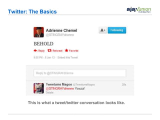 Twitter: The Basics




       This is what a tweet/twitter conversation looks like.
 