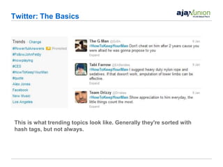 Twitter: The Basics




This is what trending topics look like. Generally they're sorted with
hash tags, but not always.
 