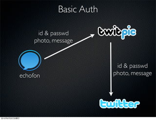 Basic Auth

                      id & passwd
                     photo, message


                                           id & passwd
                echofon                   photo, message




2010   6   25
 