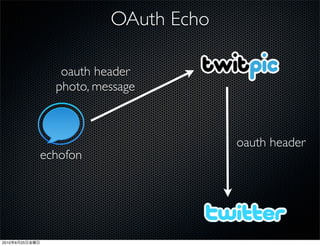 OAuth Echo

                   oauth header
                  photo, message



                                        oauth header
                echofon




2010   6   25
 