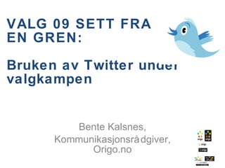 VALG 09 SETT FRA  EN GREN: Bruken av Twitter under valgkampen Bente Kalsnes, Kommunikasjonsrådgiver, Origo.no 
