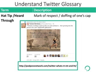Understand Twitter Glossary
Term Description
Hat Tip /Heard
Through
Mark of respect / doffing of one’s cap
Need to add notes
from this point
forward
http://podporanetwork.com/twitter-whats-rt-mt-and-ht/
 