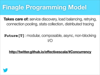 Finagle Programming Model
Takes care of: service discovery, load balancing, retrying,
connection pooling, stats collection, distributed tracing
Future[T]: modular, composable, async, non-blocking
I/O
http://twitter.github.io/effectivescala/#Concurrency

 