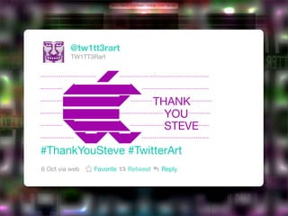 @tw1tt3rart
TW1TT3Rart

┈┈┈┈┈◢◤┈┈┈┈┈┈┈┈
┈┈◢▇▇▇▇▇◣┈┈┈┈┈┈
┈┈▇▇▇▇▇◤┈┈THANK┈┈
┈┈▇▇▇▇▇┈┈┈┈YOU┈┈
┈┈◥▇▇▇▇◣┈┈┈STEVE┈
┈┈┈◥▇◤◥▇◤┈┈┈┈┈┈
#ThankYouSteve #TwitterArt
6 Oct via web

Favorite

Retweet

Reply

 