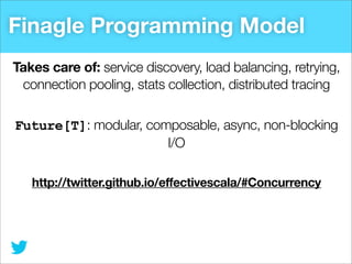 Finagle Programming Model
Takes care of: service discovery, load balancing, retrying,
connection pooling, stats collection...