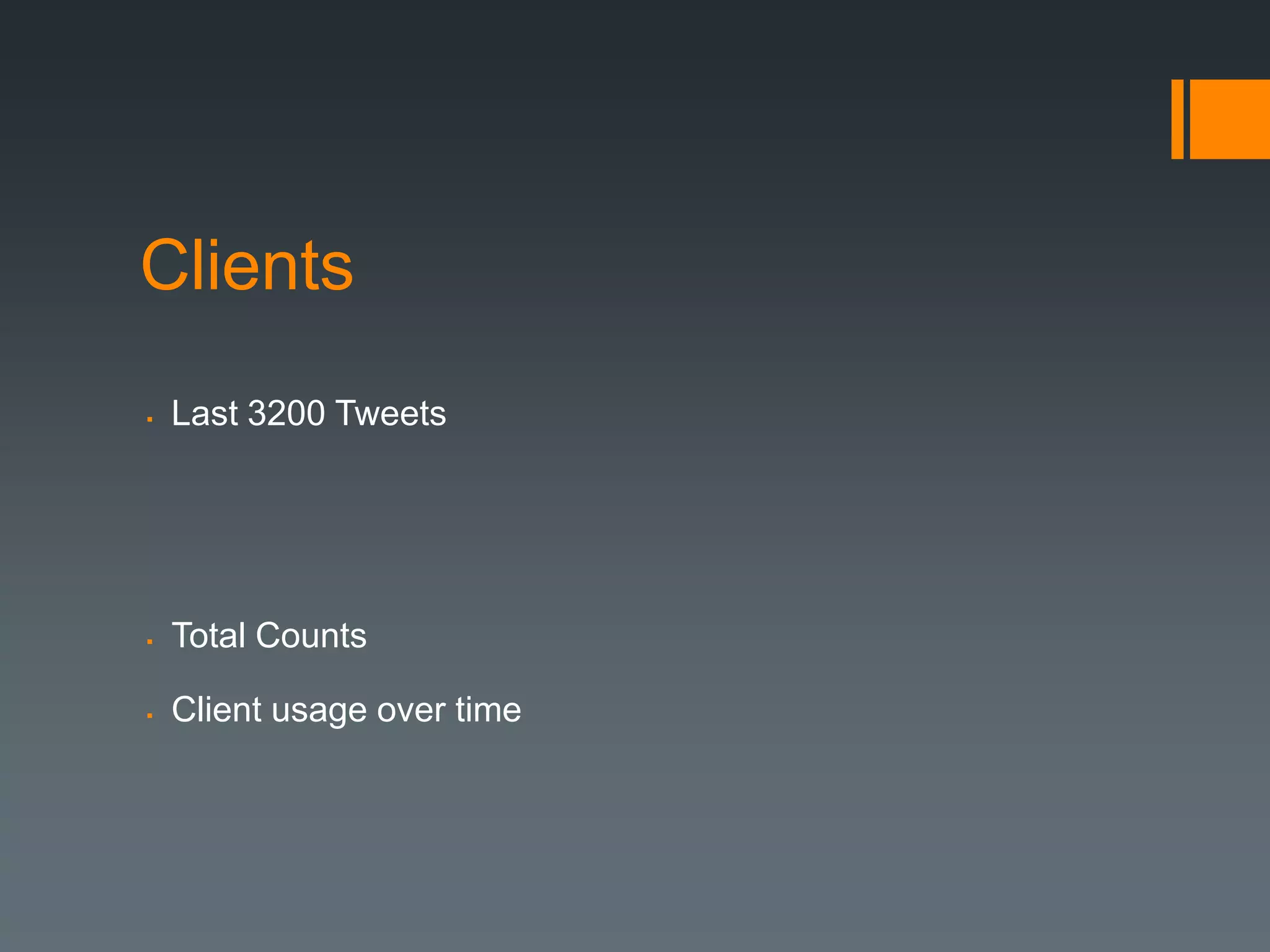 Clients
   Last 3200 Tweets




   Total Counts

   Client usage over time
 