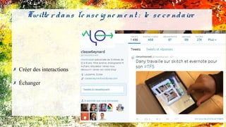 ✗ Créer des interactions
✗ Échanger
Twitte r dans l'e nse ig ne m e nt : le se co ndaire
 