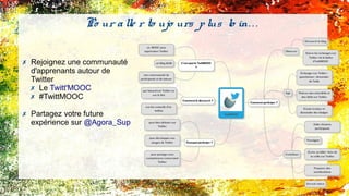 ✗ Rejoignez une communauté
d'apprenants autour de
Twitter
✗ Le Twitt'MOOC
✗ #TwittMOOC
✗ Partagez votre future
expérience sur @Agora_Sup
Po ur alle r to ujo urs plus lo in. . .
 