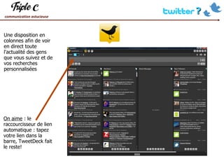 Une disposition en colonnes afin de voir en direct toute l'actualité des gens que vous suivez et de vos recherches personnalisées On aime  : le raccourcisseur de lien automatique : tapez votre lien dans la barre, TweetDeck fait le reste! 