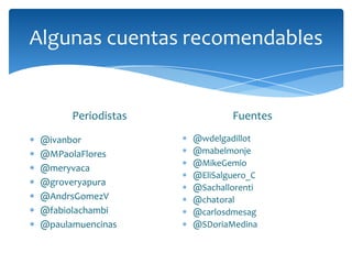 Algunas cuentas recomendables


       Periodistas           Fuentes

 @ivanbor            @wdelgadillot
 @MPaolaFlores       @mabelmonje
                     @MikeGemio
 @meryvaca
                     @EliSalguero_C
 @groveryapura
                     @Sachallorenti
 @AndrsGomezV        @chatoral
 @fabiolachambi      @carlosdmesag
 @paulamuencinas     @SDoriaMedina
 