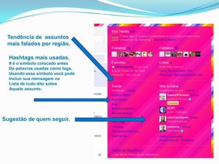 Pessoas que você segue e queseguem você e listas nas quaisvocê está incluso.Mensagens que vc marcou Como favoritasMensagens Diretas são as messages no topo da página.Dicas do Twitter sobre quemVocê poderia seguir.Ver mensagens que citam você estão em @mentionsMensagens retuitadas, ou seja repassadas são os retweets