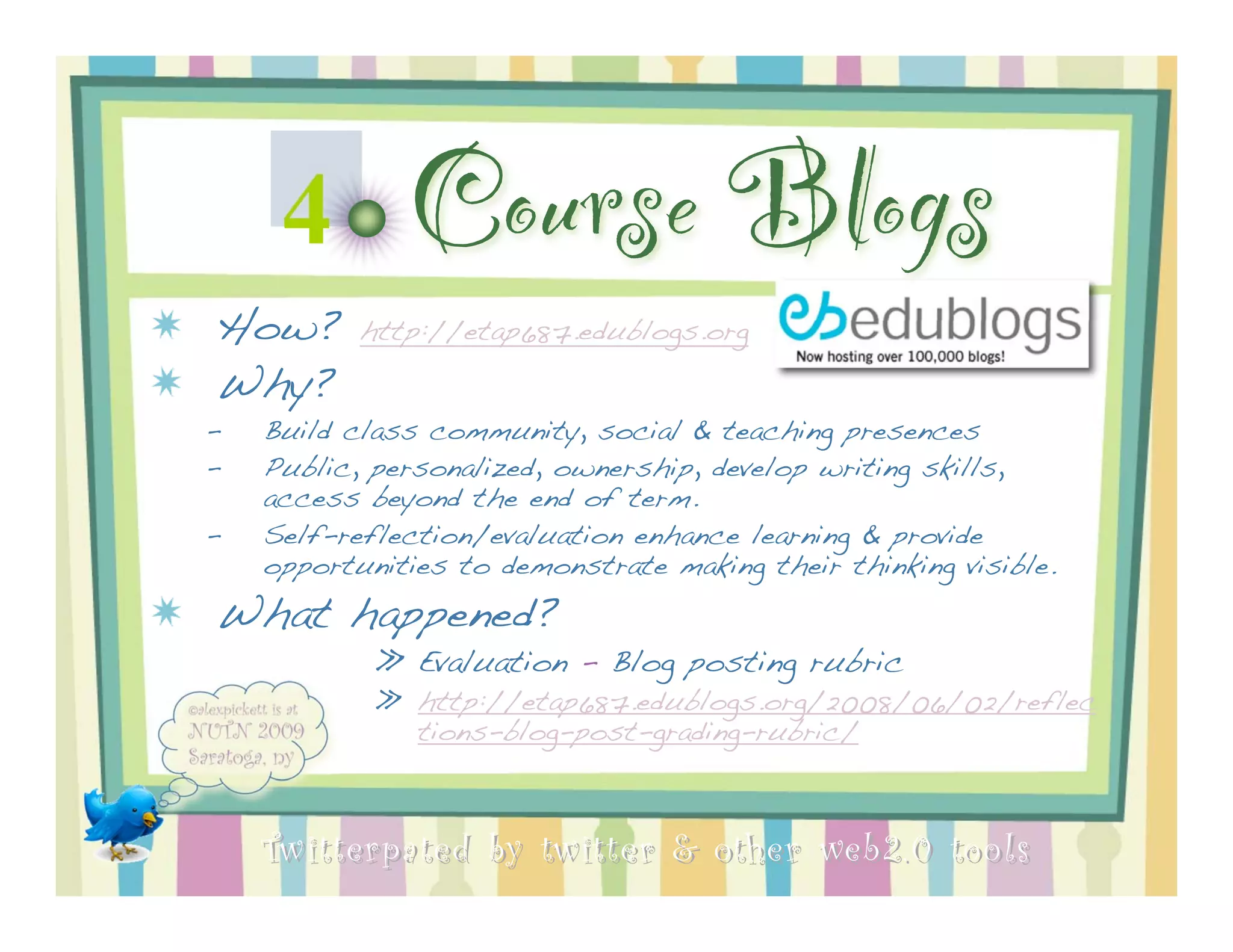 4        Course Blogs
How?       http://etap687.edublogs.org

Why?
–   Build class community, social & teaching presences
–   Public, personalized, ownership, develop writing skills,
    access beyond the end of term.
–   Self-reflection/evaluation enhance learning & provide
    opportunities to demonstrate making their thinking visible.
What happened?
            » Evaluation - Blog posting rubric
            » http://etap687.edublogs.org/2008/06/02/reflec
              tions-blog-post-grading-rubric/



    Twitterpated by twitter & other web 2.0 too ls
 