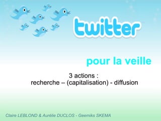 pour la veille 3 actions :  recherche – (capitalisation) - diffusion Claire LEBLOND & Aurélie DUCLOS - Geemiks SKEMA 