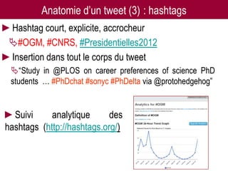 Anatomie d’un tweet (3) : hashtags
►Hashtag court, explicite, accrocheur
 #OGM, #CNRS, #Presidentielles2012
►Insertion dans tout le corps du tweet
  “Study in @PLOS on career preferences of science PhD
  students … #PhDchat #sonyc #PhDelta via @protohedgehog”


►Suivi      analytique      des
hashtags (http://hashtags.org/)
 