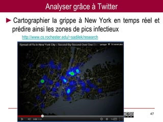 Analyser grâce à Twitter
►Cartographier la grippe à New York en temps réel et
 prédire ainsi les zones de pics infectieux
     http://www.cs.rochester.edu/~sadilek/research




                       Twitter pour les chercheurs - 07/12/2012   47
 
