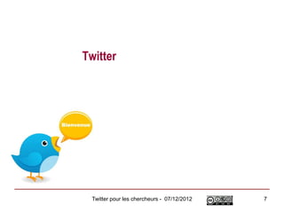 Twitter




  Twitter pour les chercheurs - 07/12/2012   7
 