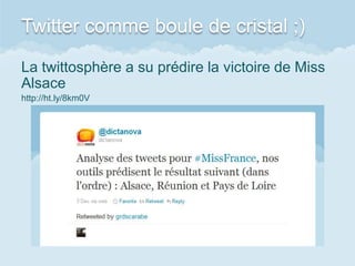 Twitter comme boule de cristal ;)

La twittosphère a su prédire la victoire de Miss
Alsace
http://ht.ly/8km0V
 