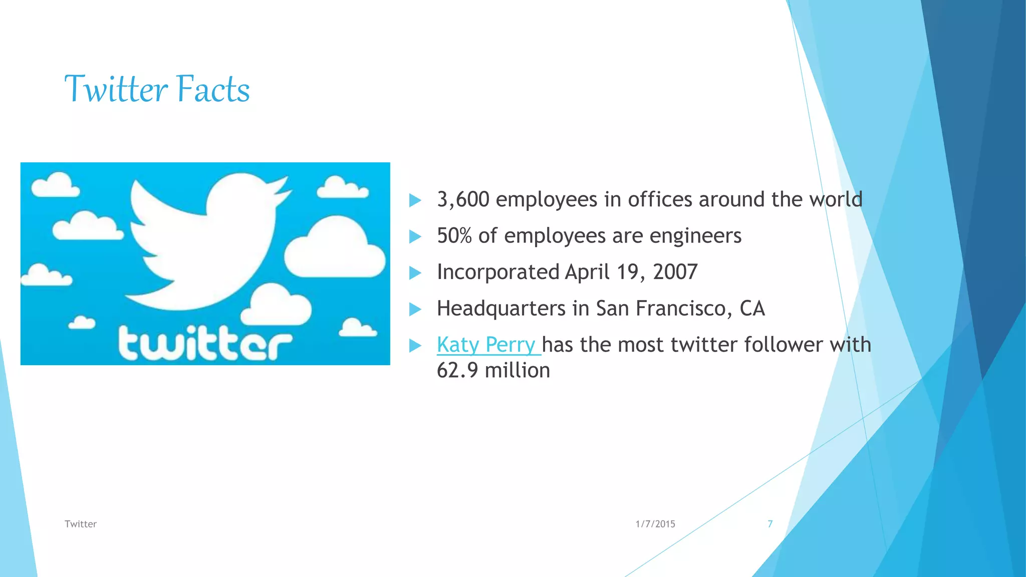 Twitter Facts
 3,600 employees in offices around the world
 50% of employees are engineers
 Incorporated April 19, 2007
 Headquarters in San Francisco, CA
 Katy Perry has the most twitter follower with
62.9 million
1/7/2015Twitter 7
 